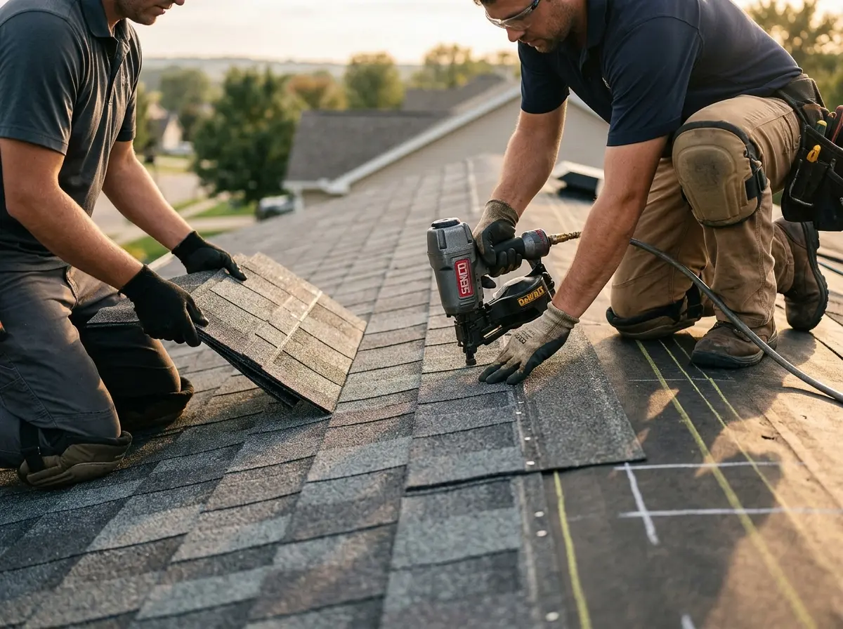 Professional roofer working on a residential roof in Manville